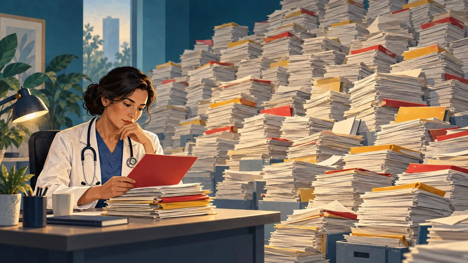 A clinician examines a red folder from a small desk stack beside an enormous backlog of records containing scattered red and yellow folders.