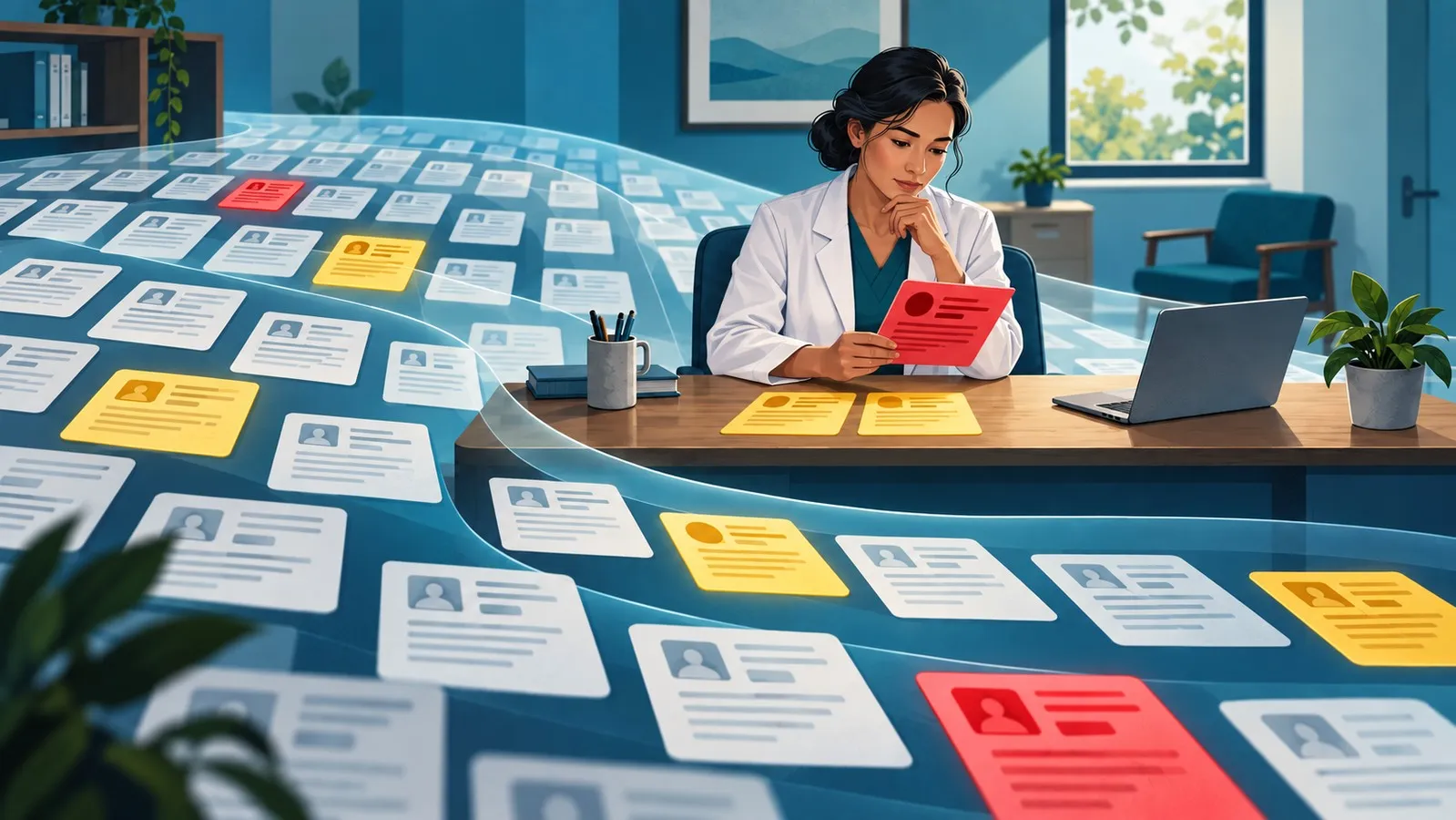 A clinical reviewer studies a red document, with two yellow documents on her desk and selected red and yellow records highlighted across a sea of documents.
