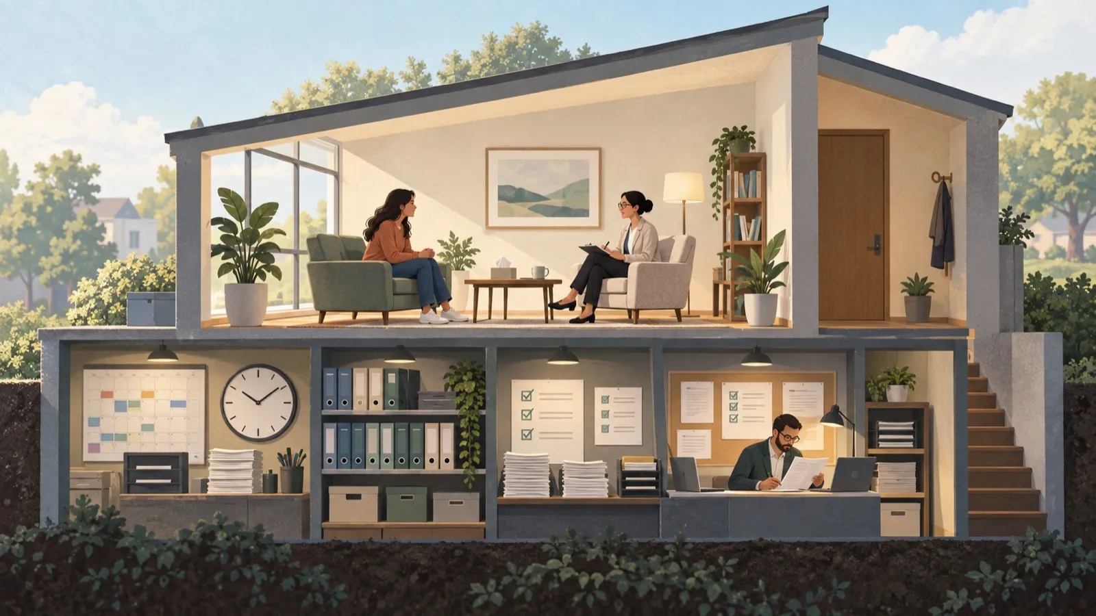 Illustration of a clinic with a care session above layers of scheduling, policy, and documentation review work.