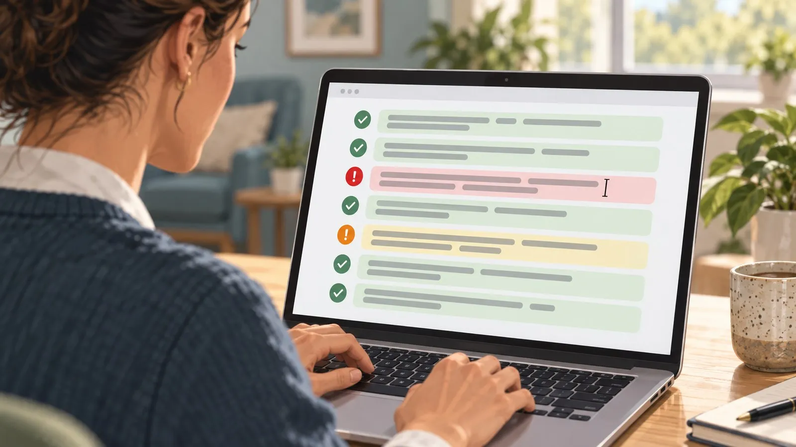 A clinician types a note with green checks and red and yellow highlighted lines marked for attention.